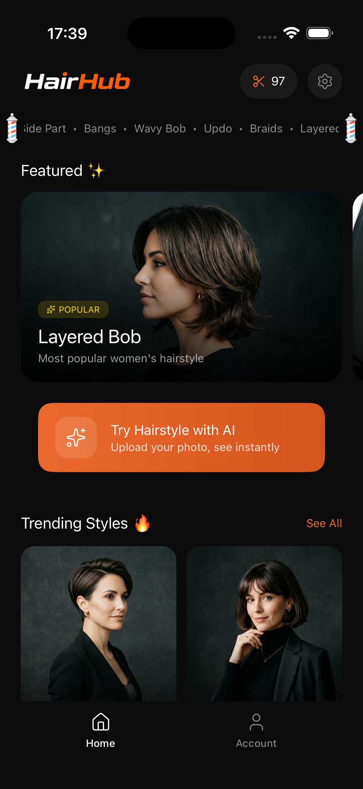 HairHub app home screen